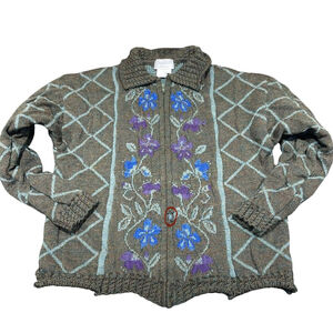 Cherry Lewis Sweater Jacket Green Wool Floral Knit Zip Cardigan England Lg READ
